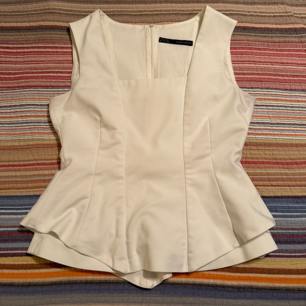 Zara Basic White Sleeveless Square Neck‎ Peplum Top Made in Spain